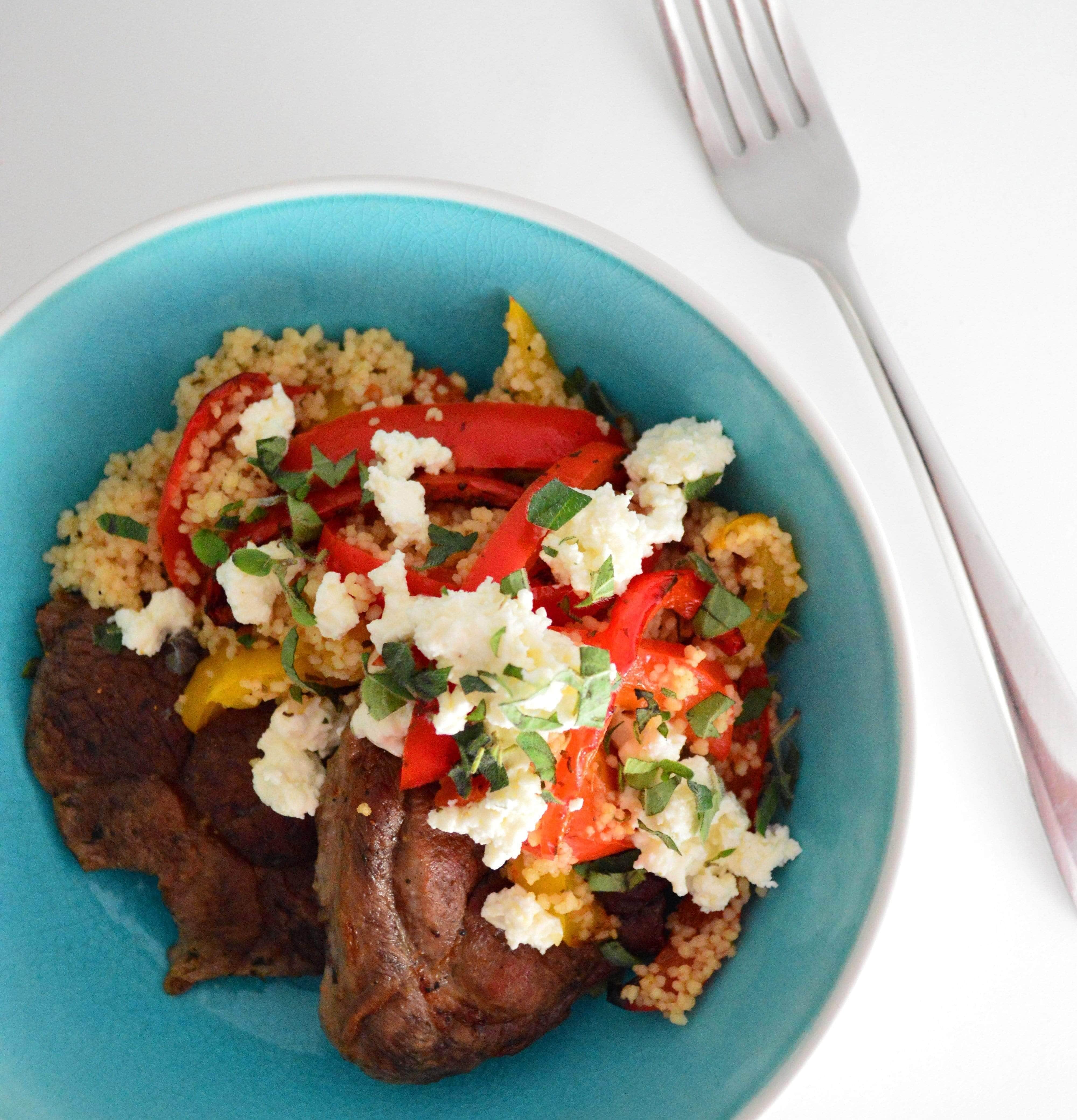 Lamb steaks with roasted pepper couscous